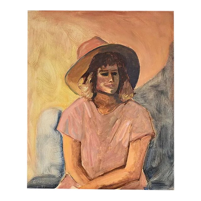 Tall Portrait Painting of a Woman in a Hat at Sunset, Clair Seglem For Sale
