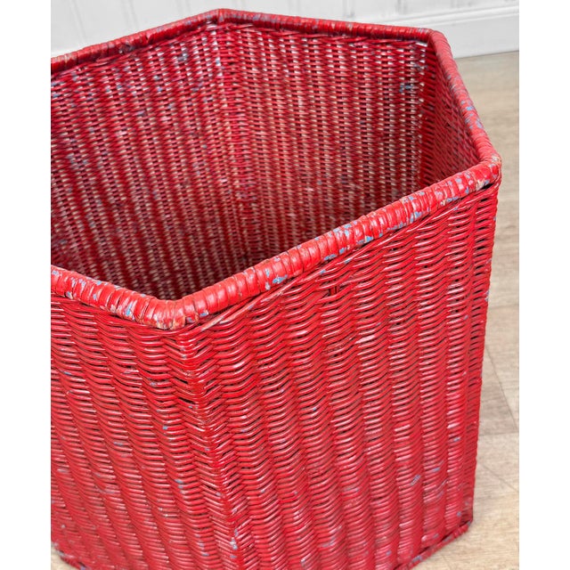 Wood Vintage Coastal Boho Red Wicker Octagonal Basket Hamper For Sale - Image 7 of 10