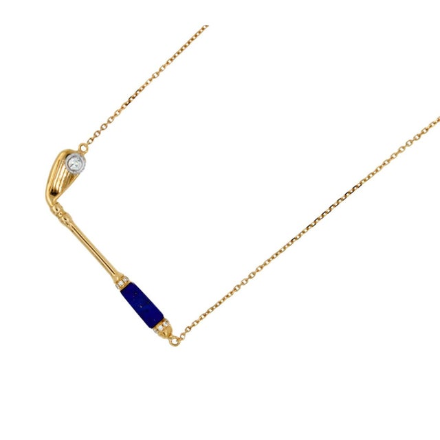 Diamond Blue Lapis Lazuli Golf Club Birdie Jewelry 18 Karat Yellow Gold Charm Pendant Necklace * 18K Yellow Gold * Blue...