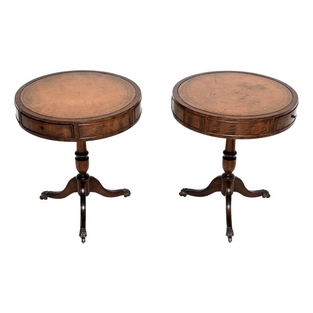 Regency Leather Top Drum Tables, 1950s, Set of 2 For Sale