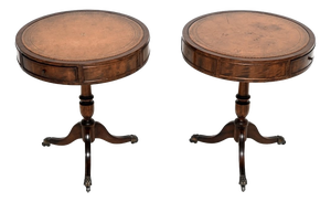 Regency Leather Top Drum Tables, 1950s, Set of 2