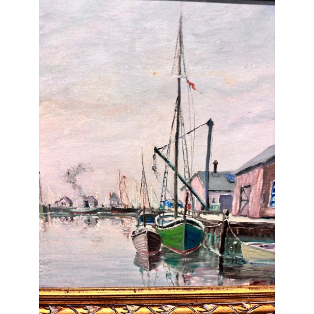 1990s Oil Painting Depicts a Tranquil Harbor Scene With Fishing Boats Moored by a Pier and a Small Rowboat in the Calm Water. By J .Henry Hallbert For Sale - Image 5 of 12