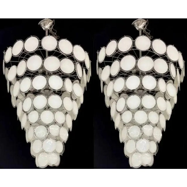 Palatial Murano Disc Mid-Century Modern Tiered Chandeliers, A Pair, Antiqued Brass Base, New Wired, These come in a...