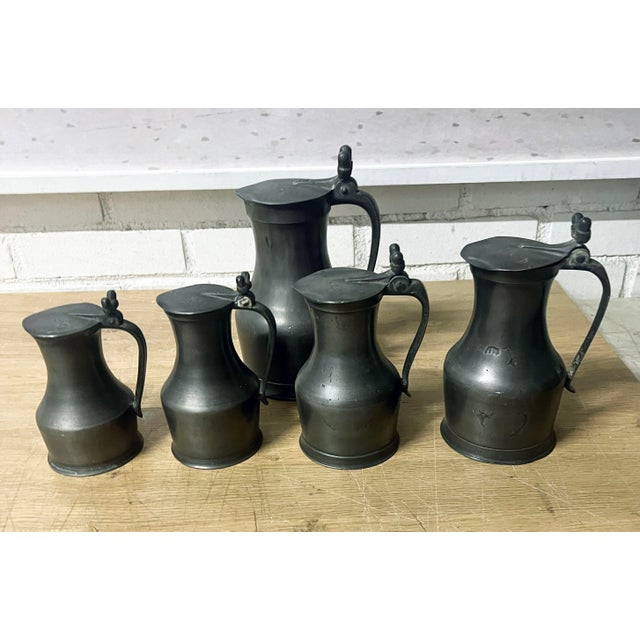 French Country Five AntiqueFrench Pewter Tankards With Acorn Thumb Piece For Sale - Image 3 of 10