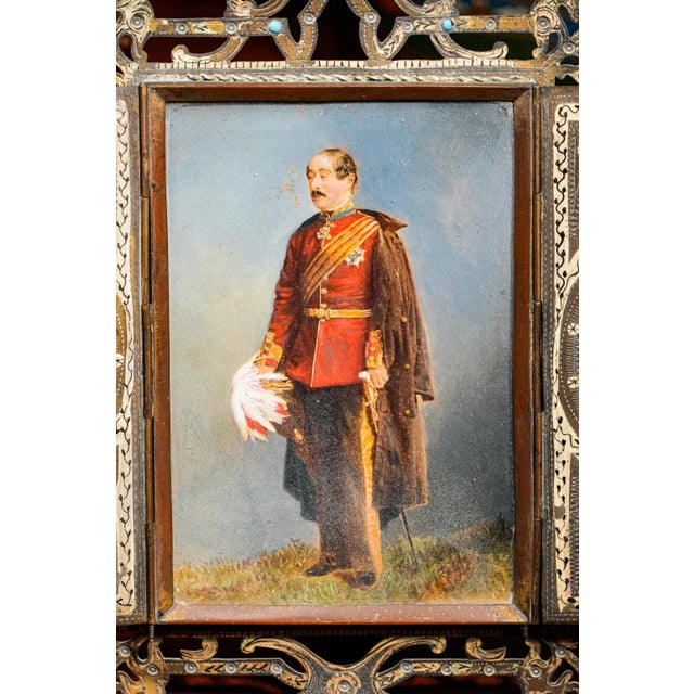 Amazing Ornate Victorian Antique Anton Boehm Brass Picture Photo Frame With Painting Portrait Miniature of British Soldier For Sale - Image 9 of 13