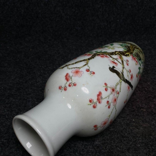 Vintage Famille Rose Porcelain Vase – 8.7" Bird & Flower Bottle Vase With Calligraphy For Sale - Image 4 of 9