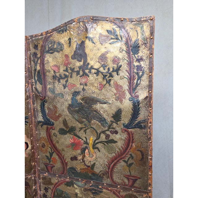 Gold Antique 19th Century Painted Leather Folding Screen For Sale - Image 8 of 18