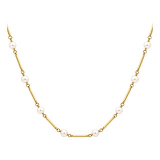 Vintage 14k-18k Yellow Gold Bar Stick Link Pearl Opera Necklace 34'long For Sale