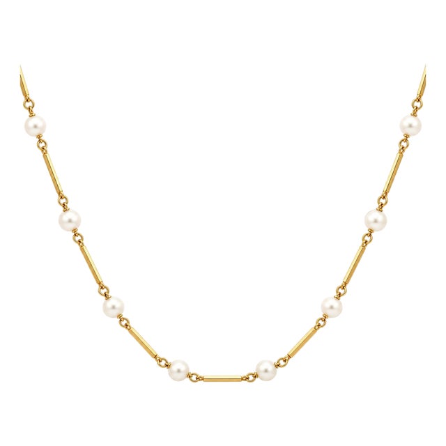 Vintage 14k-18k Yellow Gold Bar Stick Link Pearl Opera Necklace 34'long For Sale