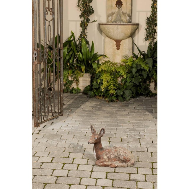 Mid-Century Modern 1950s French Vintage Seated Deer Painted Sculpture Cast in Reconstituted Stone For Sale - Image 3 of 8