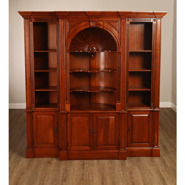 High Quality American Made Cherry Breakfront Bookcase with Shell-Carved Dome and Three Open Shelf Units Over Cupboard Storage