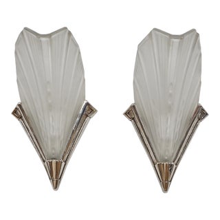 French Art Deco Nickeled Bronze & Frosted Glass Modernist Slip Shade Wall Sconces by Ejg 1930s - A Pair For Sale