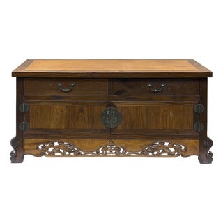Vintage Asian Brown Kirin Motif Low Tv Console Cabinet For Sale
