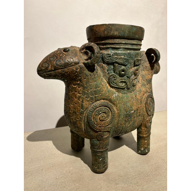 Traditional Archaistic Shang Style Verdigris Bronze 'Double-Ram' Vessel, Zun Circa 1900 For Sale - Image 3 of 12