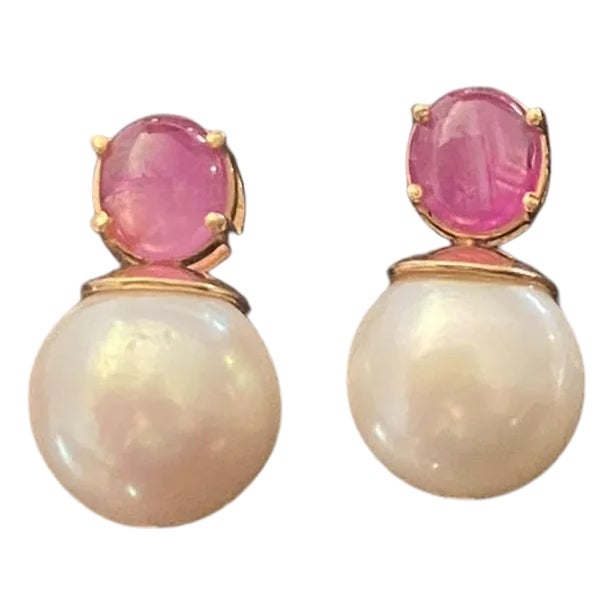 Elegant Earrings 18k Gold With Pearls, Rubies For Sale