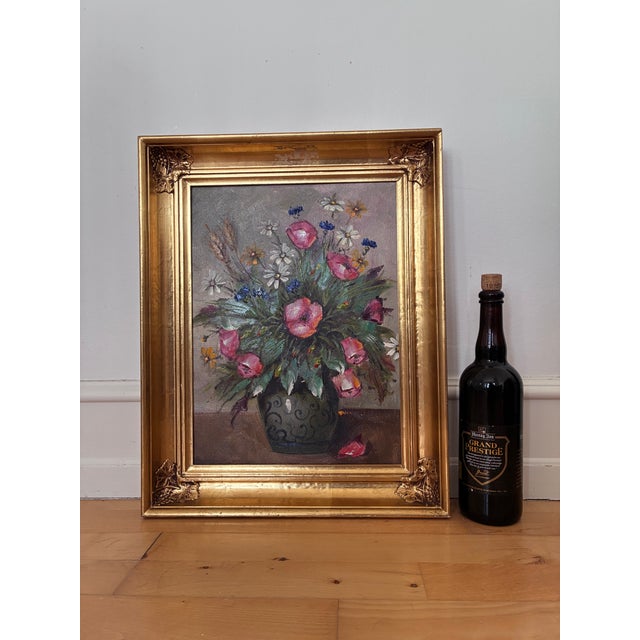 Green Vintage Original Flower Still Life Oil Painting: Framed Floral Art For Sale - Image 8 of 10