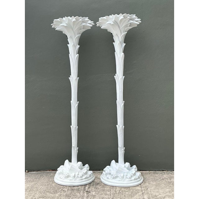 White Vintage Regency Cast Plaster Palm Torchere Lamps After Serge Roche - a Pair For Sale - Image 8 of 12