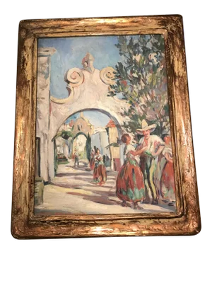 1920s Spanish Village Scene Painting by Florence White Williams, Framed