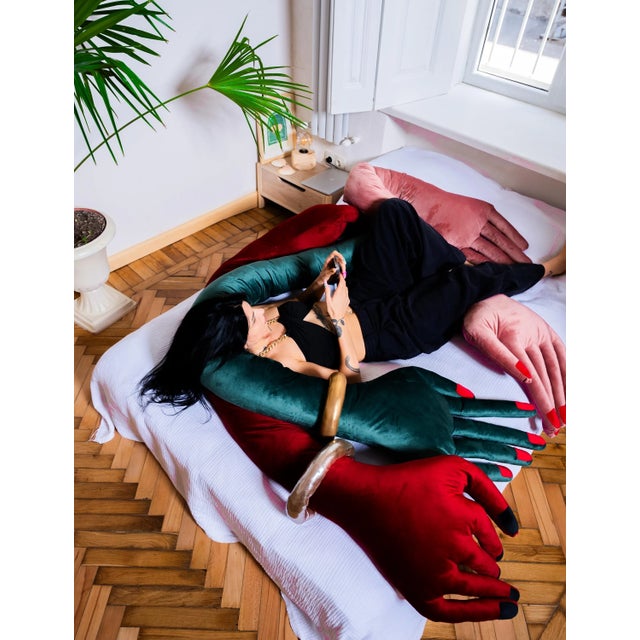 Green Hand Pillow, Unique Decorative Cushion , Creative Home Decor Accent For Sale - Image 4 of 4