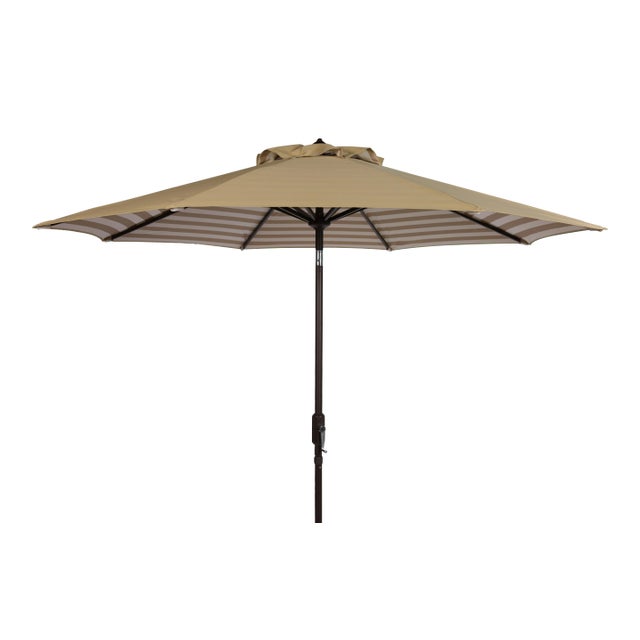 Inside Out Stripe 9 Ft Crank Outdoor Auto Tilt Umbrella in Beige & White For Sale