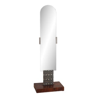 Italian Brutalist Floor Mirror with Embossed Metal + Wood Base, 1970s For Sale