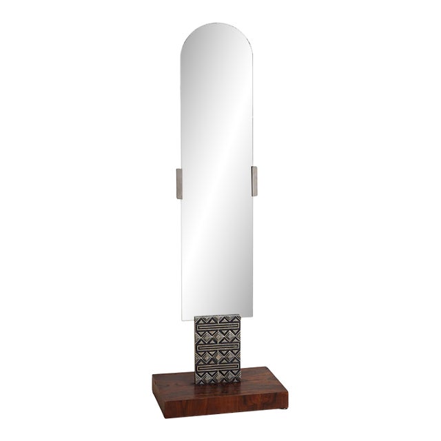 Italian Brutalist Floor Mirror with Embossed Metal + Wood Base, 1970s For Sale