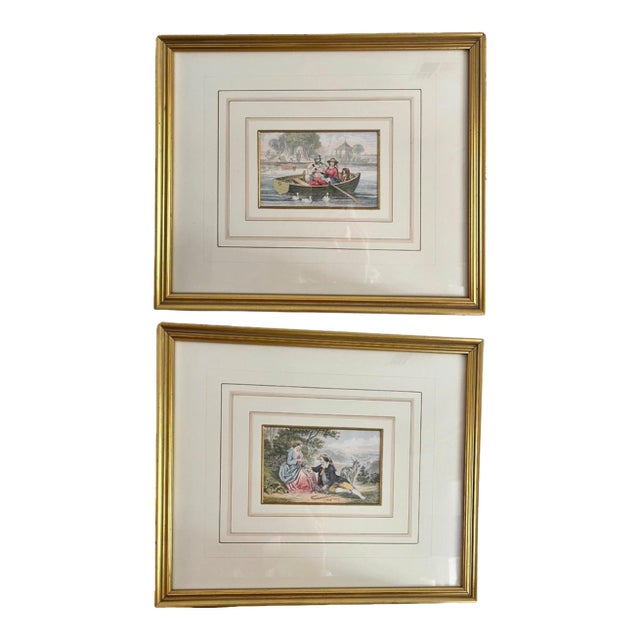 Vintage Victorian Courting Couples Framed Baxter Method Oil Print Engravings by Joseph Kronheim - Set of 2 For Sale