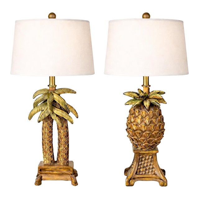 Late 20th Century Petite Tropical Palm Tree & Pineapple Table Lamps With Linen Drum Shades – Hollywood Regency Coastal Style, 16” H - a Pair For Sale
