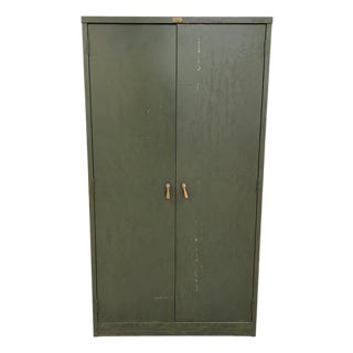 Mid 20th Century WWII-Era Dark Olive-Green General Fireproofing Company All steel Supply Cabinet W/ Brass Hardware For Sale