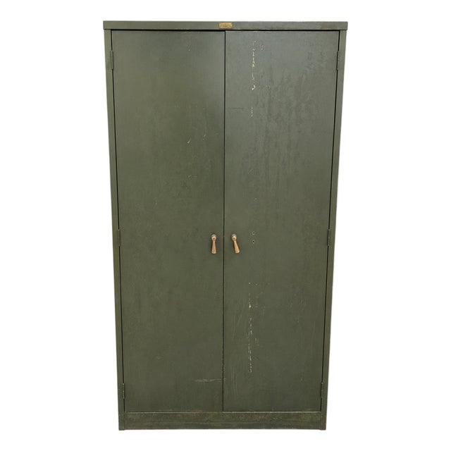 Mid 20th Century WWII-Era Dark Olive-Green General Fireproofing Company All steel Supply Cabinet W/ Brass Hardware For Sale