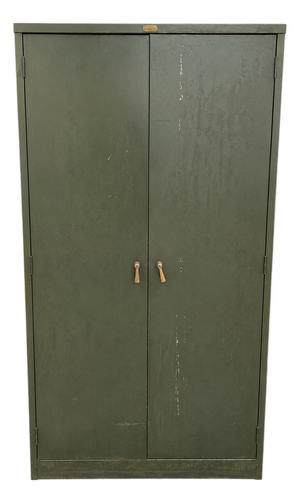Mid 20th Century WWII-Era Dark Olive-Green General Fireproofing Company All steel Supply Cabinet W/ Brass Hardware