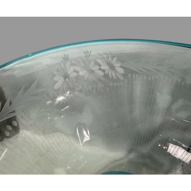 Early 20th Century Steuben Sinclaire Floral Etched Art Glass Footed Console Compote Bowl Blue Edge For Sale - Image 6 of 12
