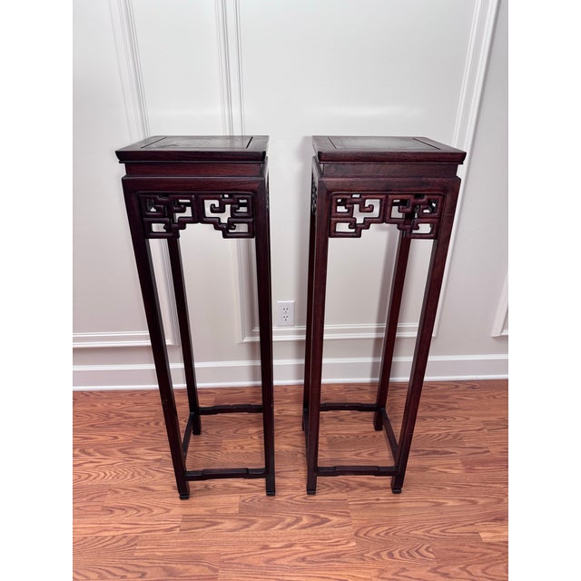 Mid 20th Century Vintage Monumental Asian Ming Style Solid Rosewood Plant Stands, a Pair For Sale - Image 5 of 14