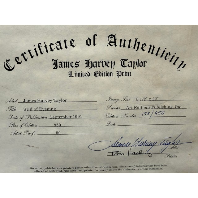 Realism James Harvey Taylor Still of Evening Lithograph, Certificate For Sale - Image 3 of 12