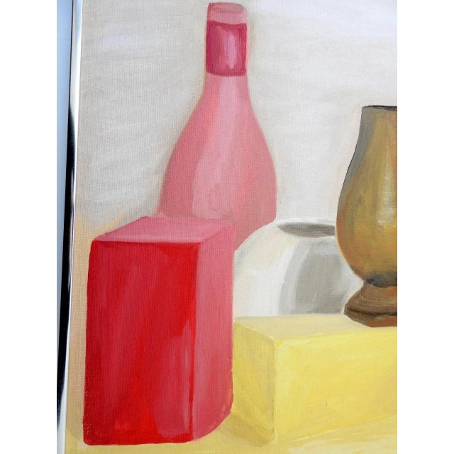 Metal Oil Still Life Painting on Canvas Panel Bottles Vase Cube, Framed For Sale - Image 7 of 12
