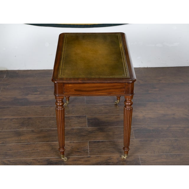 English 19th Century Mahogany Desk with Green Leather Top and Reeded Legs For Sale - Image 9 of 12
