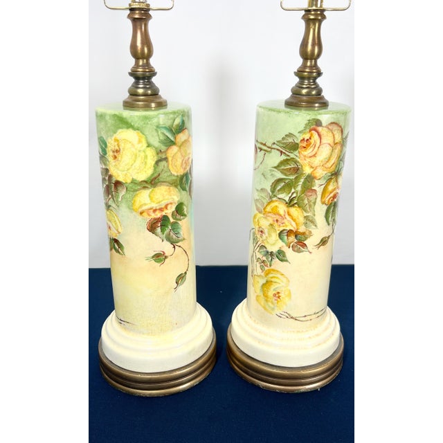 1939 Loevsky & Loevsky Hand-Painted Floral Cylinder Lamps - a Pair For Sale - Image 4 of 12