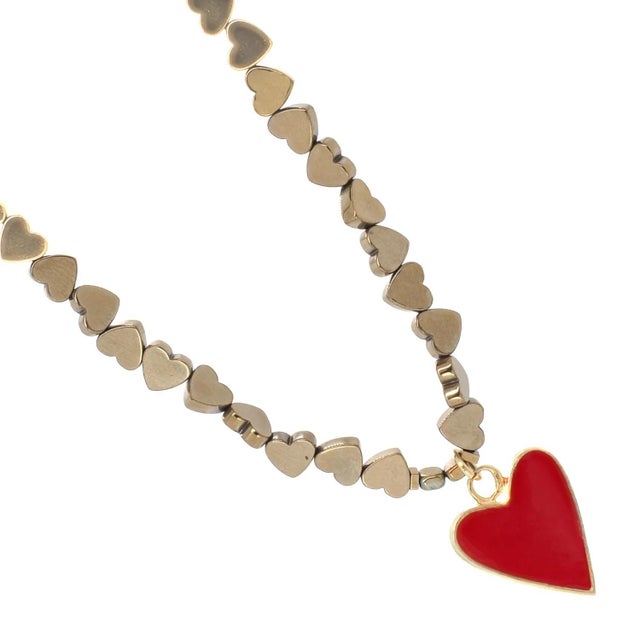 Red Heart Pendant Gold Hematite Stone Heart Shape Chain Necklace For Sale In Miami - Image 6 of 7