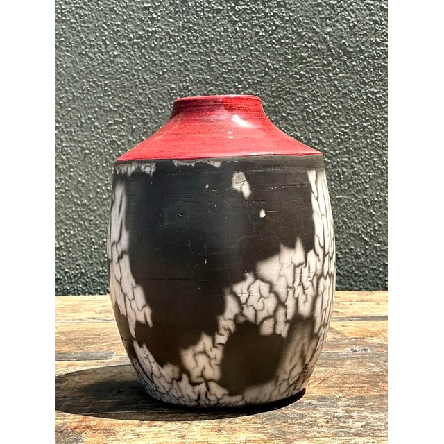Black Vintage Original Raku Studio Pottery Vase For Sale - Image 8 of 12