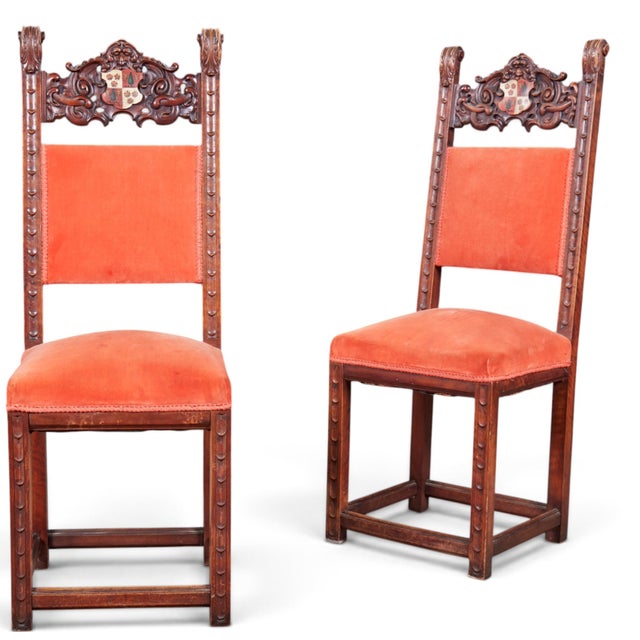 Late 19th Century Late 19th Century Carved Walnut Baroque High-Back Chairs With Painted Heraldic Crests — A Pair For Sale - Image 5 of 7