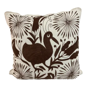 Crewel Work Hand Embroidered Brown Bird Toss Pillow-1