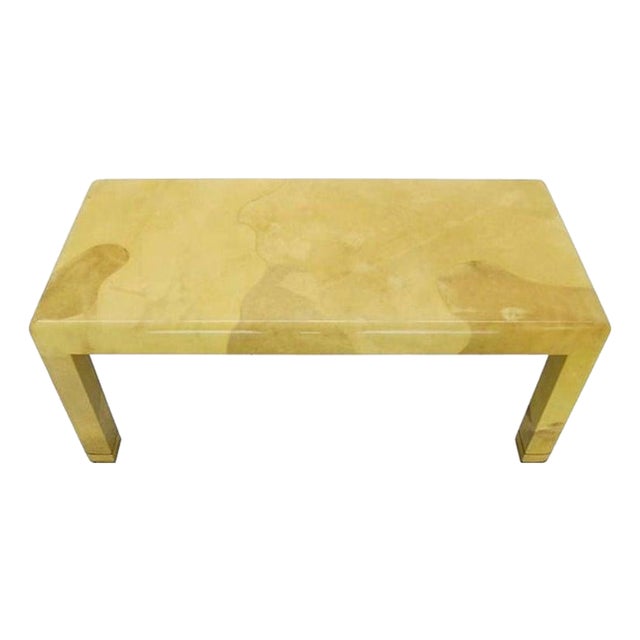 Mid-Century Modern Lacquered Goat Skin Parchment Coffee Table Brass Feet MINT For Sale