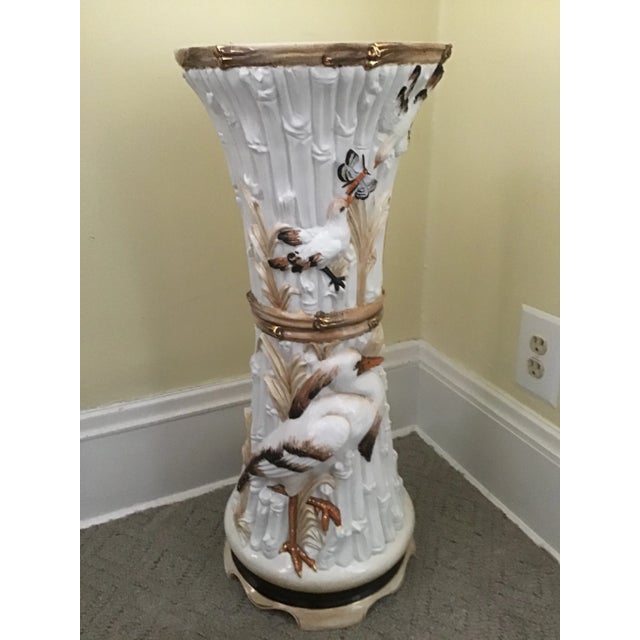 Mid 20th Century Mid 20th Century Majolica Bird Heron Ceramic Faux Bamboo Pedestal Stand For Sale - Image 5 of 10