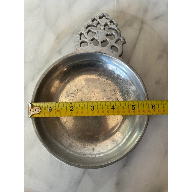 Mid 20th Century Vintage Marked Pewter Porringer Dish With Fillagree Handle For Sale - Image 5 of 8
