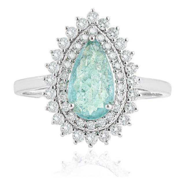 14k White Gold Double Halo Diamond Paraiba Tourmaline 1Carat Engagement Ring Size 5 For Sale