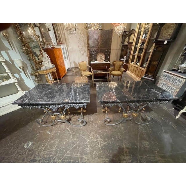  French Steel and Bronze Bakers Tables With Original Grey Marble Tops For Sale - Image 9 of 10