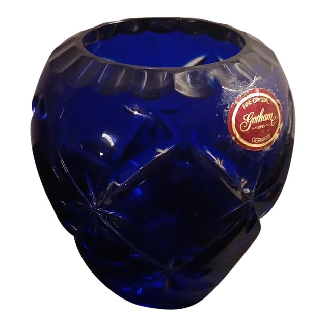 1980s Gorham Cobalt Blue Cut Crystal Rose Bowl Made in Germany For Sale