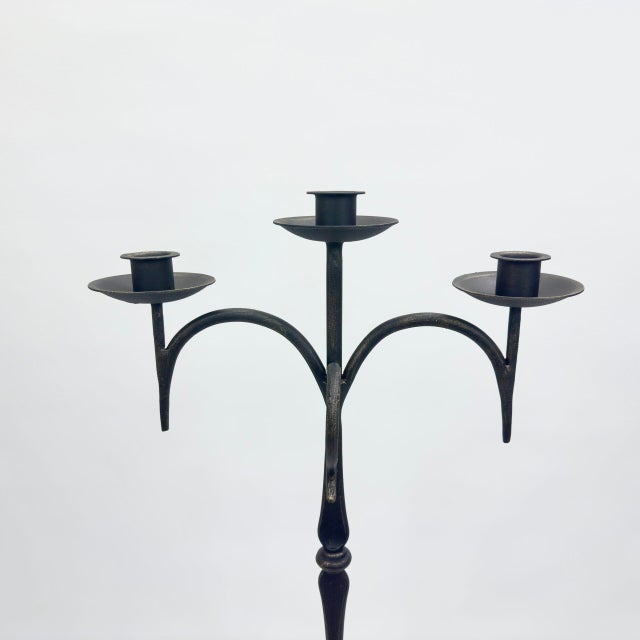 Hand Forged Iron Floor Candelabra 46″ (117cm) Antique Copper or Gold Patina 3-Arm Classic Scroll Candle Holder Rustic Decor For Sale - Image 10 of 11