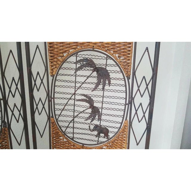 1970s Vintage Oriental Style 3 Panel Room Divider Wrought Iron Frame For Sale - Image 5 of 8