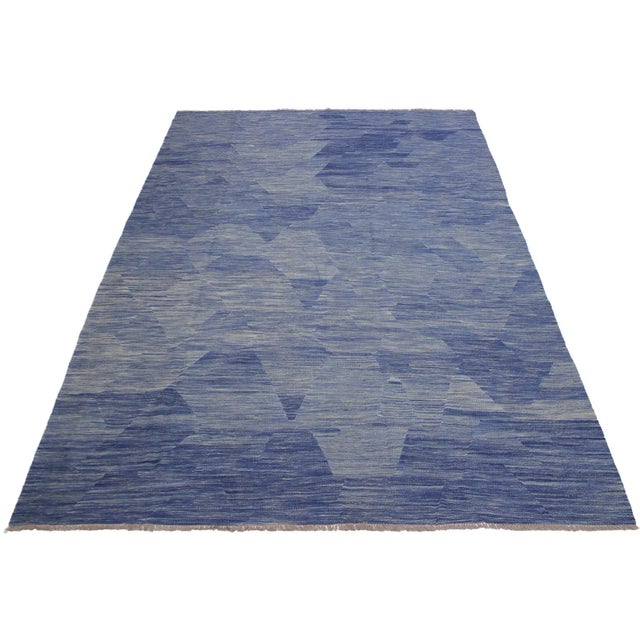 Abstract Caucasian Kilim Blue Beige Wool Rug - 9'0" X 12'4" For Sale - Image 3 of 7